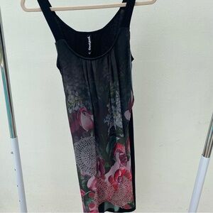 Y2K Euro Desigual Black Jersey & Mandala Floral Chiffon Tank Dress Size 38 Small